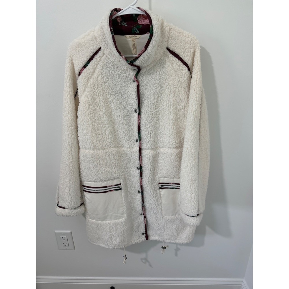 Matilda Jane Sherpa Fleece Coat Womens L Cream Floral Trim Good Long Jacket